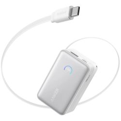 Anker Nano Power Bank (10K, 45W, Built-In Retractable USB-C Cable) White, Smart Display, 70 cm Retractable USB-C Cable, 1x USB-A