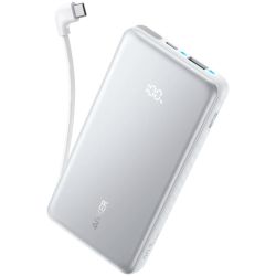 Anker Zolo Power Bank (10K, 22.5W, Built-In USB-C Cable) White, 1x USB-Cable, 1x USB-C Port, 1x USB-A Port